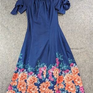 Navy Floral Maxi Dress with Orange and Pink Accents